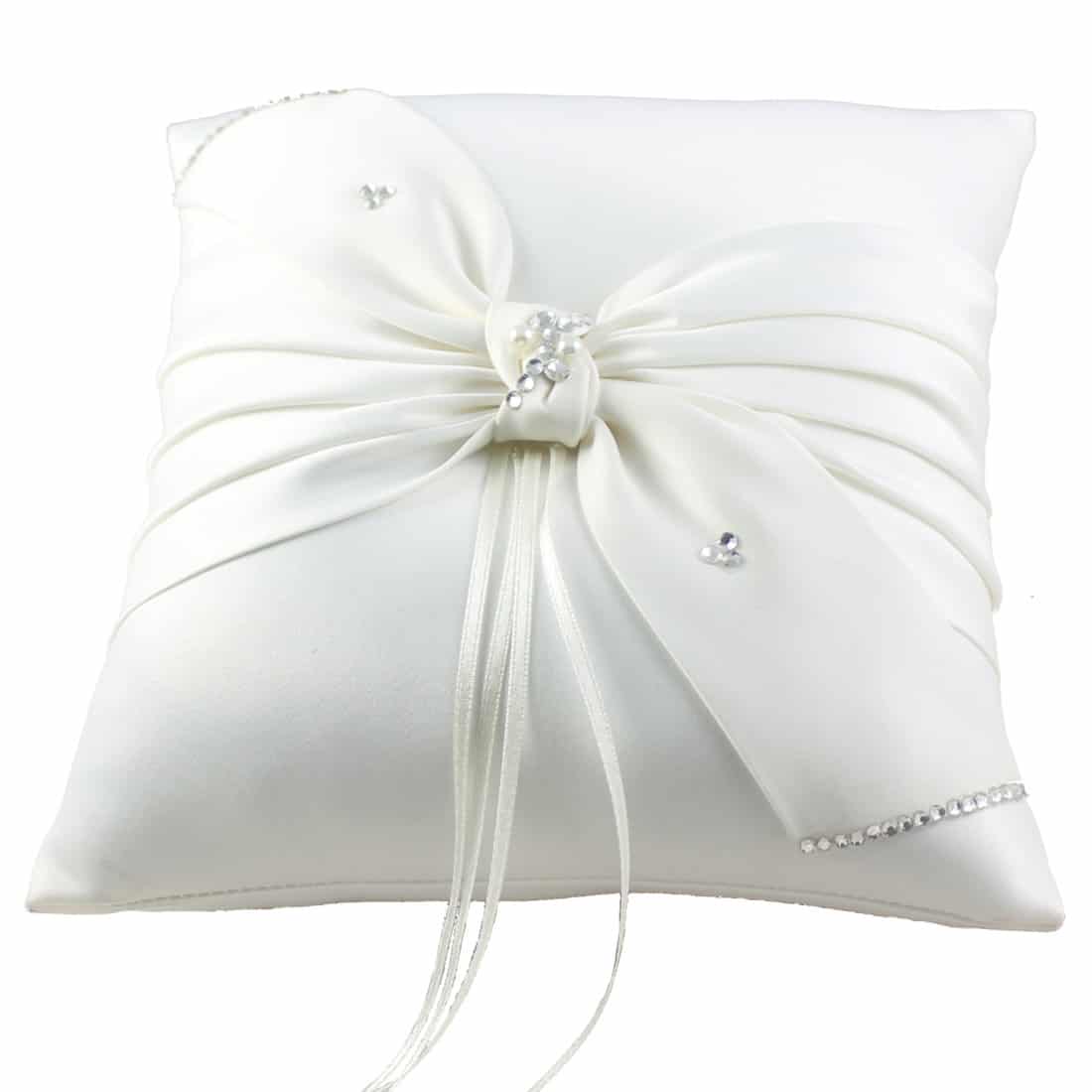 Lr029 Square Satin Ring Cushion With A Bow Decorated With Beads