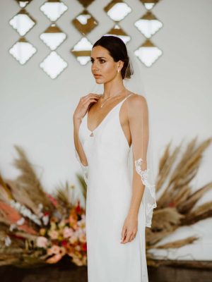 Alana - single layer hip length veil with silver & ivory lace & a hand beaded edge
