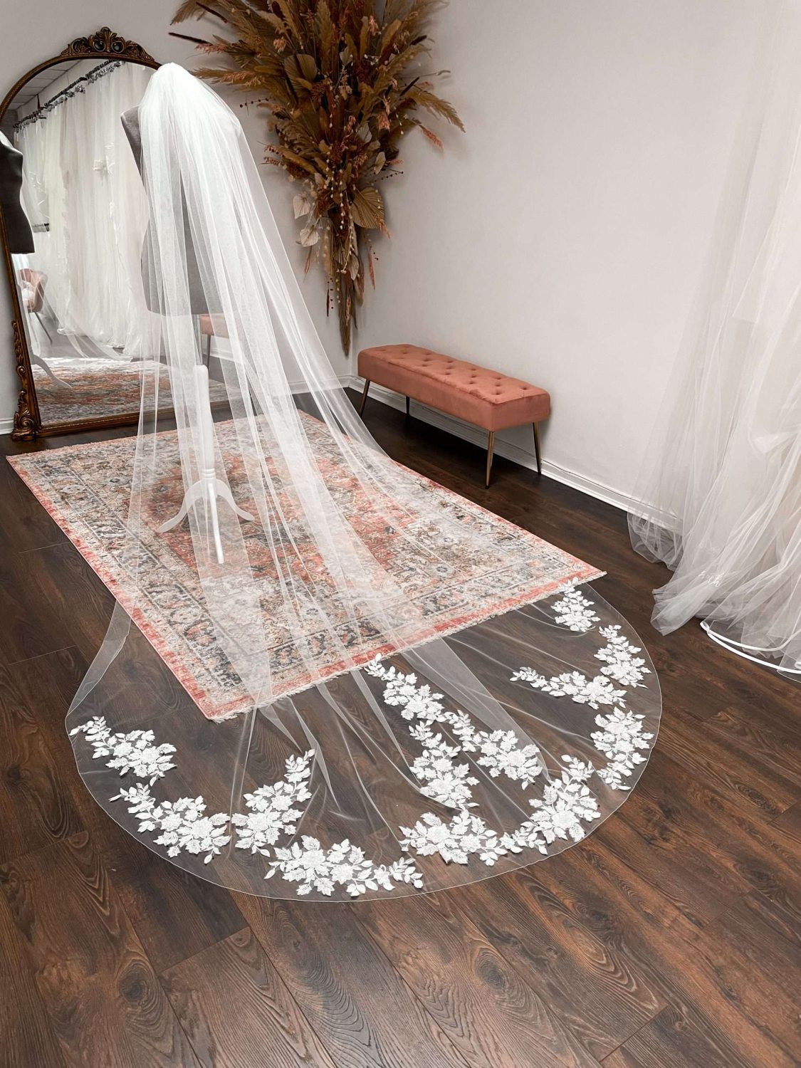 Bespoke lace veil with beaded appliques with chiffon leaves Bespoke lace veil with beaded appliques with chiffon leaves