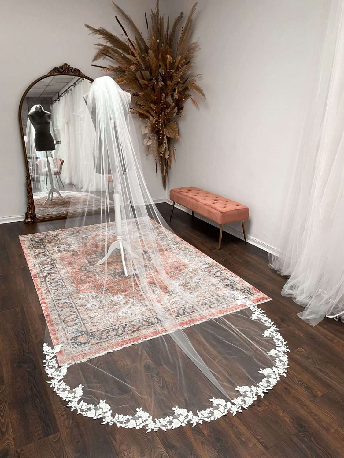 Cathedral veil with floral lace bottom curve Cathedral veil with floral lace bottom curve