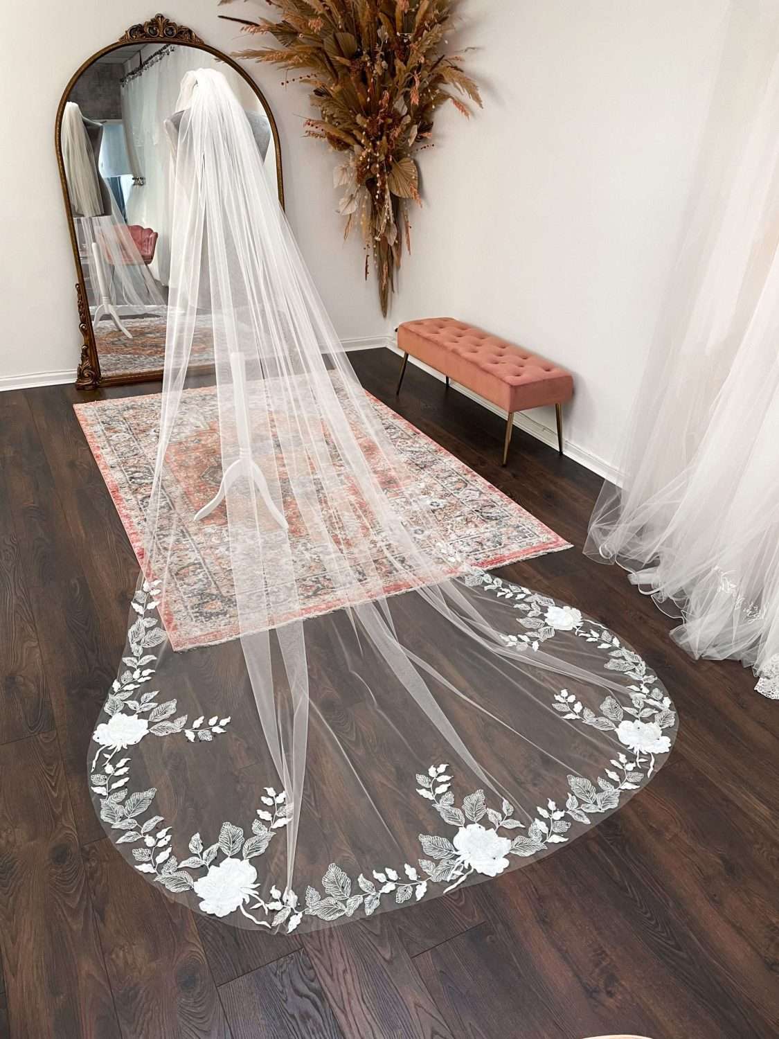 Champagne tulle veil with ivory floral appliques Champagne tulle veil with ivory floral appliques