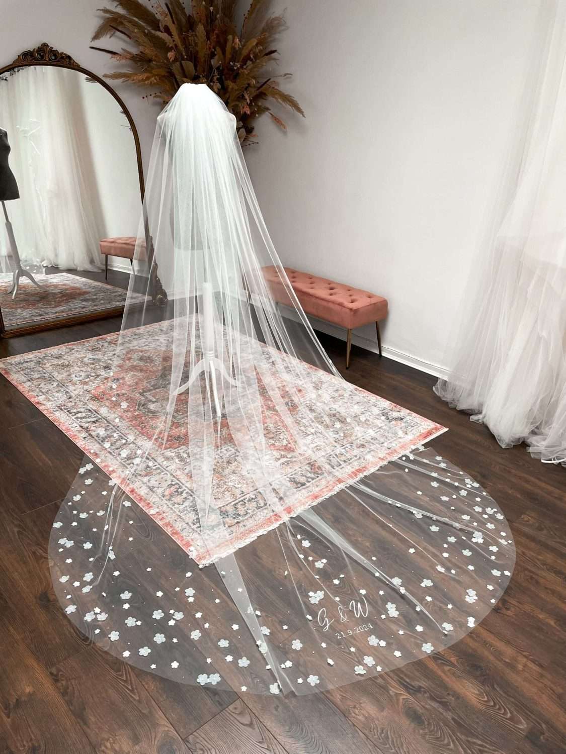 Custom lace bridal veil with scattered flowers and pearls with an embroidered monogram Custom lace bridal veil with scattered flowers and pearls with an embroidered monogram