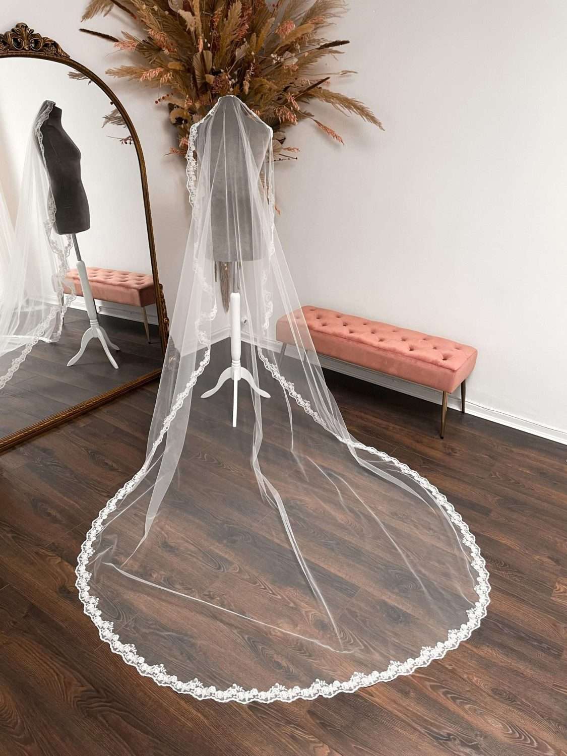 Narrow beaded lace mantilla veil with tiny blue horseshoe embroidery Narrow beaded lace mantilla veil with tiny blue horseshoe embroidery