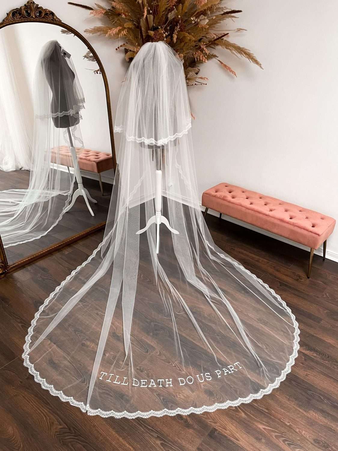 Narrow chantilly lace trim veil with TILL DEATH DO US PART embroidery Narrow chantilly lace trim veil with TILL DEATH DO US PART embroidery