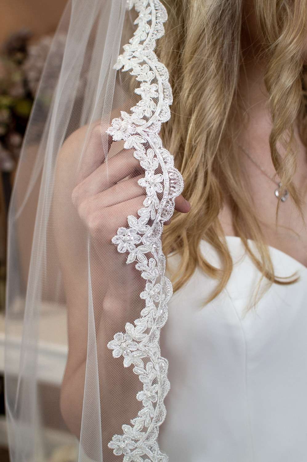 Paris - one tier chapel length wedding veil with scalloped lace edging 9 Paris - one tier chapel length veil with beaded scalloped lace edging closeup alt