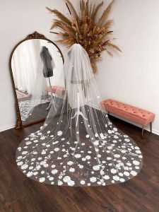 Paris Hilton inspired floral lace veil with custom monogram and date