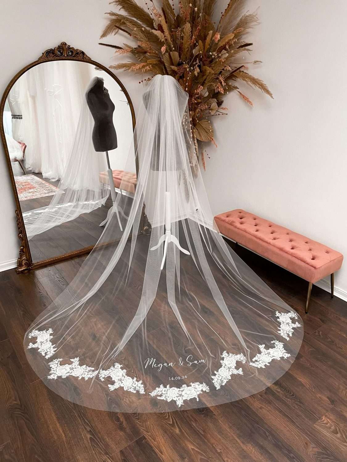 Pretty lace applique veil with bride and groom's names Pretty lace applique veil with bride and groom's names