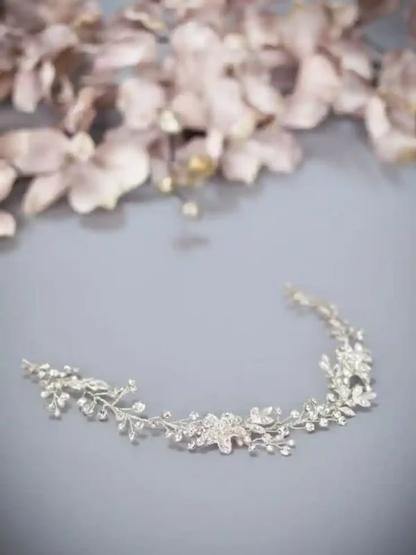 Dawn bridal hair vine on grey backdrop