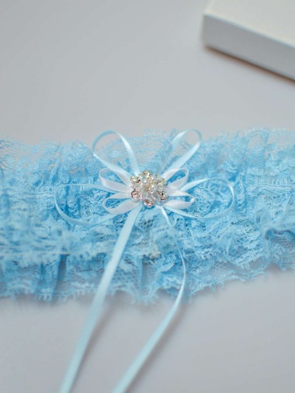 Pretty all blue garter with bow detail closeup TLG509