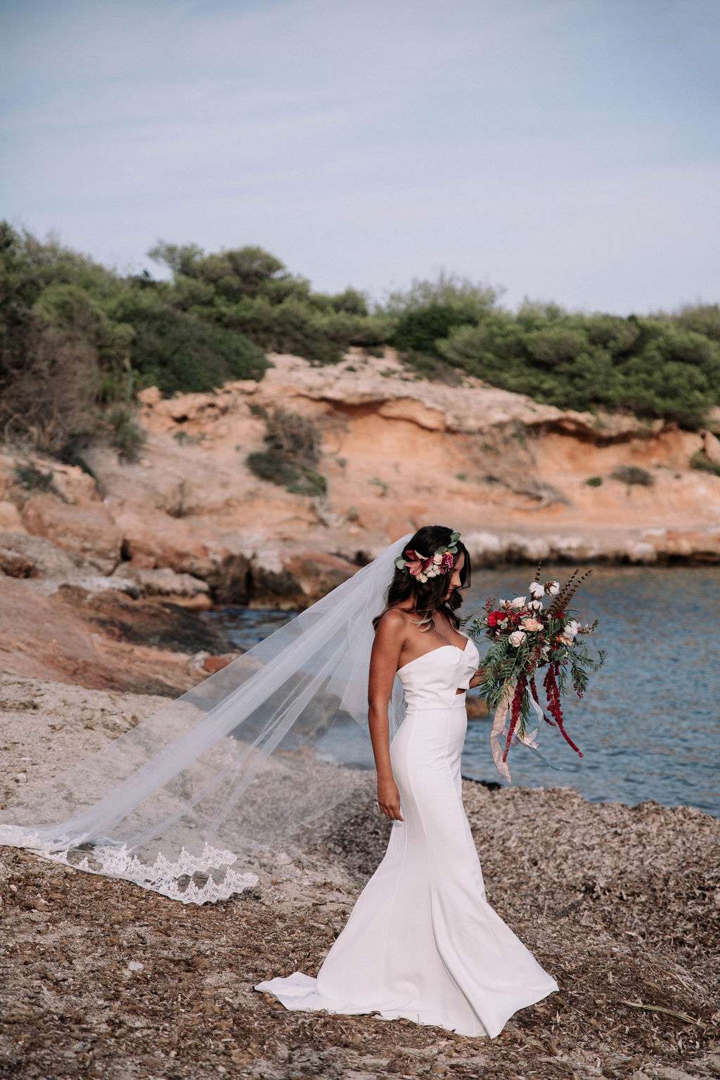 Cathedral lace veil beach wedding