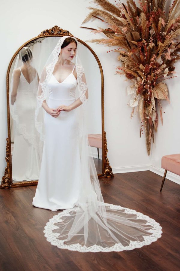 SALE! Adeline – Cathedral Length Mantilla Veil With French Lace - Light Ivory
