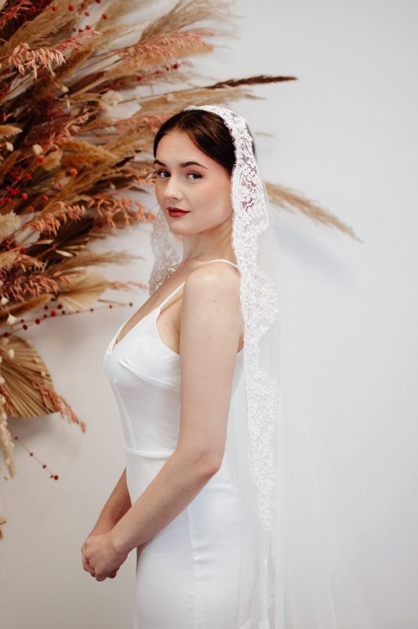 Adeline – Cathedral Length Mantilla Veil With French Lace floor
