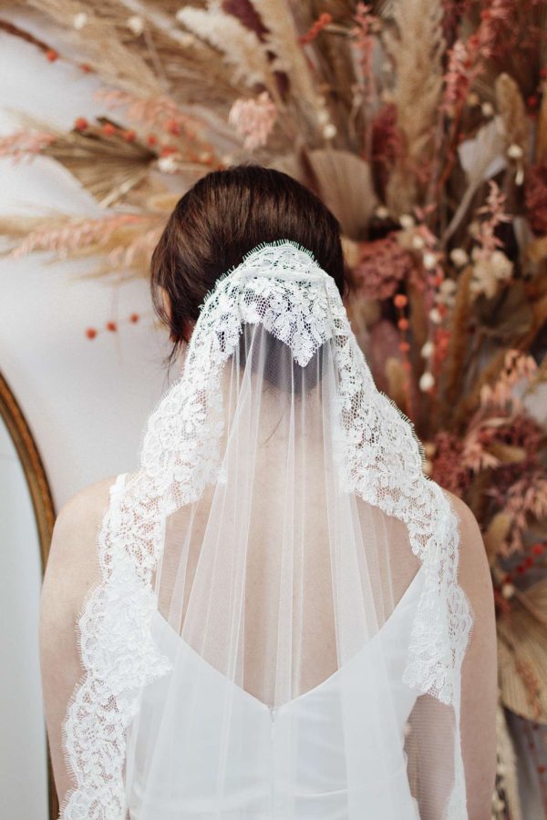 Adeline – Cathedral Length Mantilla Veil With French Lace floor