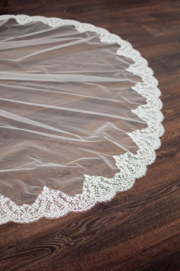 Adeline – Cathedral Length Mantilla Veil With French Lace floor