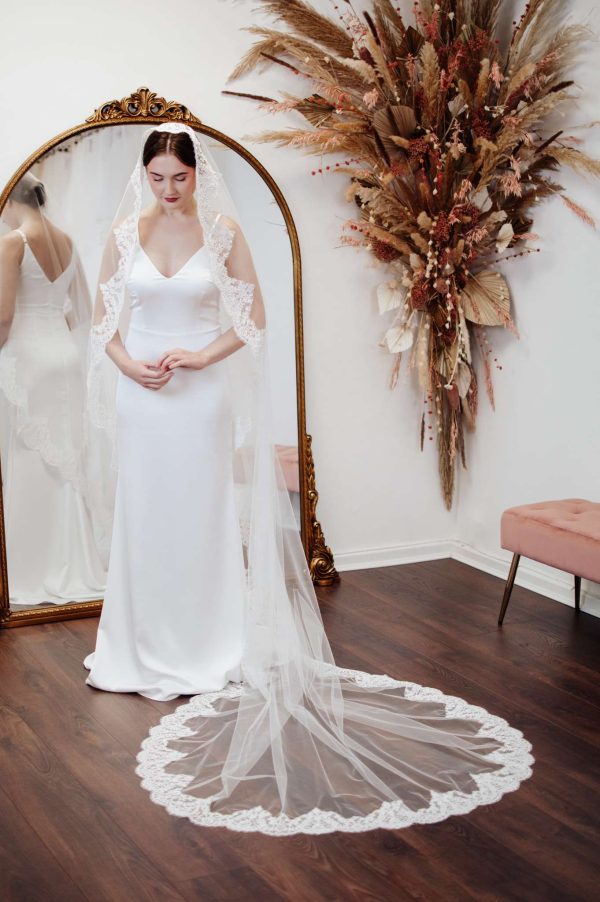 Adeline – Cathedral Length Mantilla Veil With French Lace floor