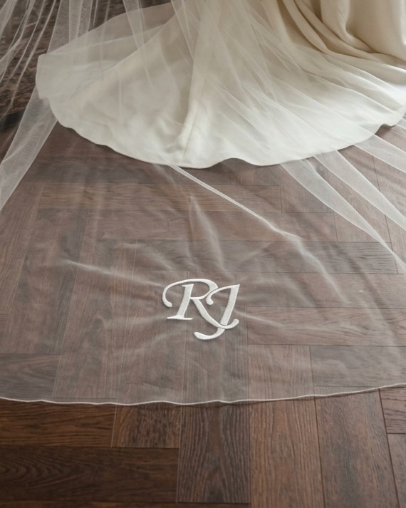 Custom Veil Embroidery Add-on: Interlinked Monogram 3 Custom interlinked monogram on a wedding veil