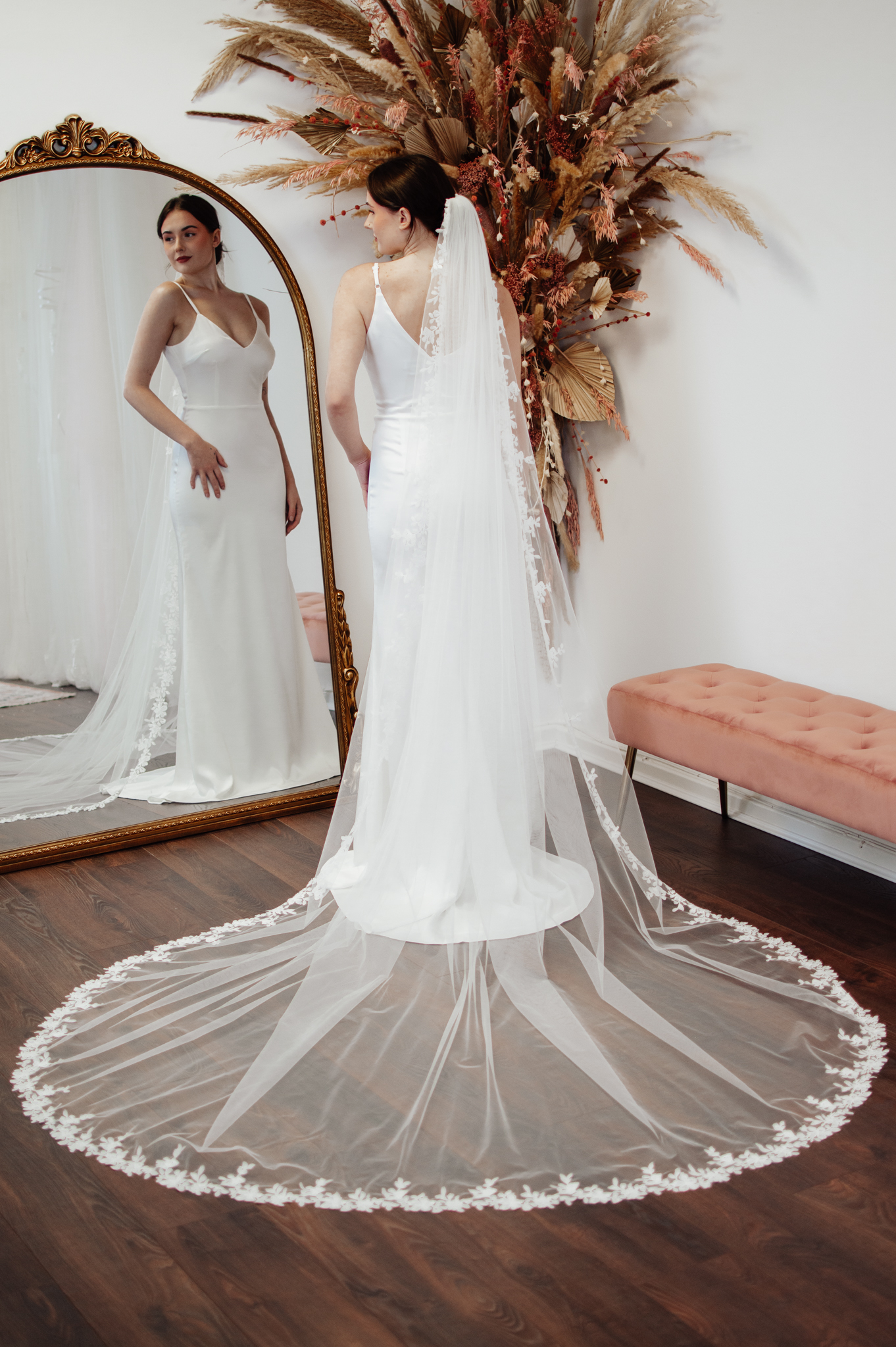 Estelle – One Layer Cathedral Veil with Floral Lace Trim back scaled