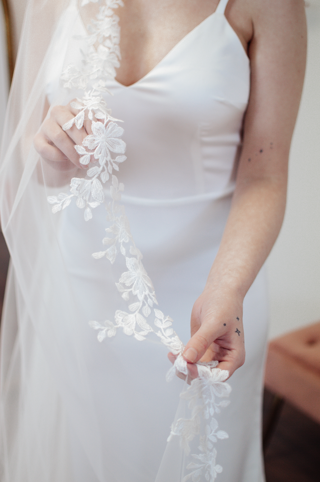 Estelle – One Layer Cathedral Veil with Floral Lace Trim close scaled