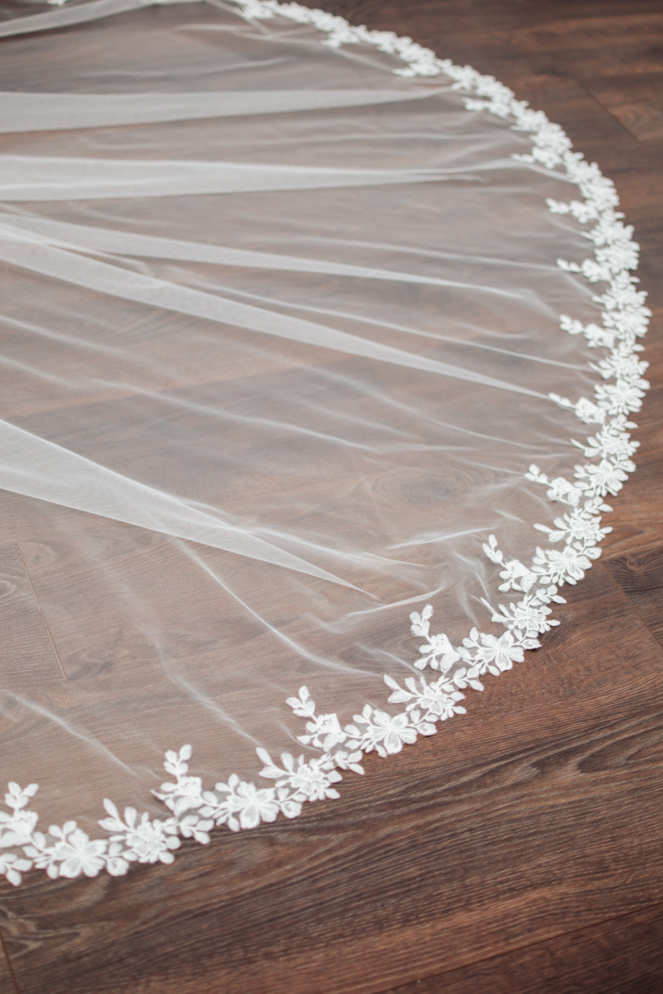 Estelle – One Layer Cathedral Veil with Floral Lace Trim floor scaled