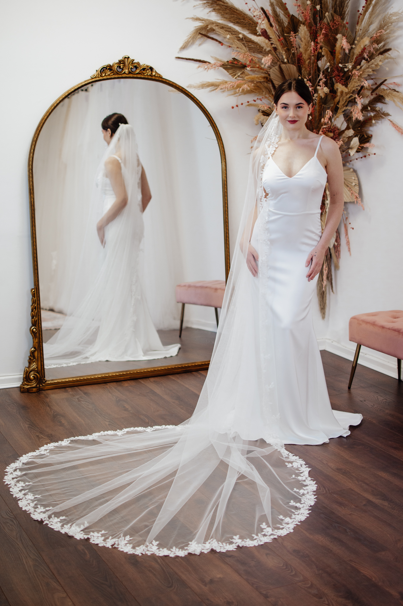 Estelle – One Layer Cathedral Veil with Floral Lace Trim front scaled