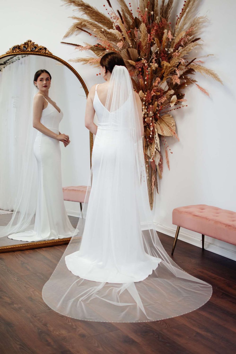 Freya – Chapel Length Veil with Diamantes and Pearls Edge 1