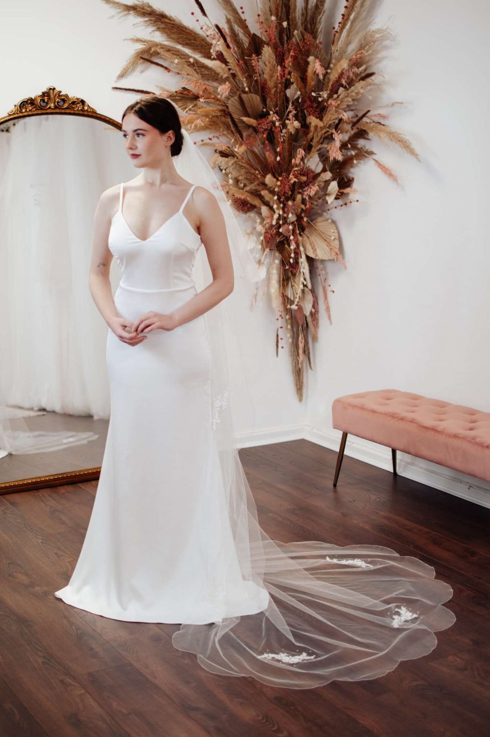 Sammie Scalloped Two Tier Chapel Veil With Lace And Pearls