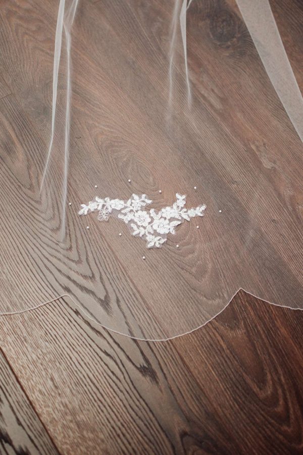 Sammie Scalloped Two Tier Chapel Veil With Lace And Pearls
