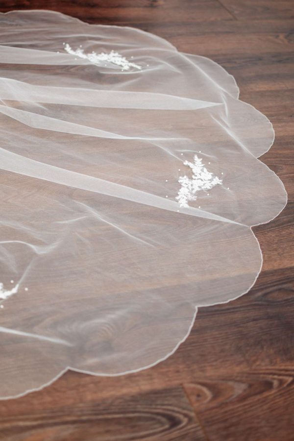 Sammie Scalloped Two Tier Chapel Veil With Lace And Pearls