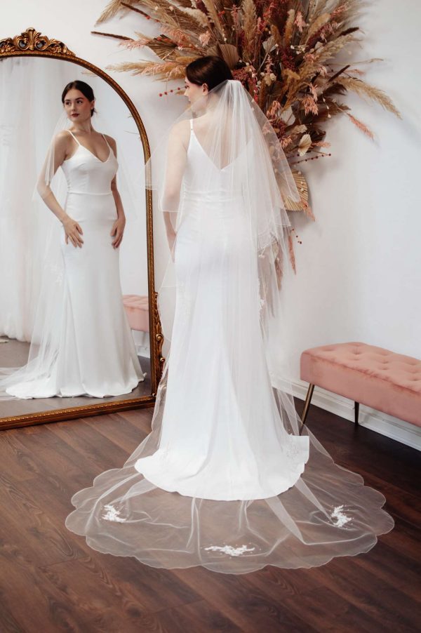 Sammie Scalloped Two Tier Chapel Veil With Lace And Pearls
