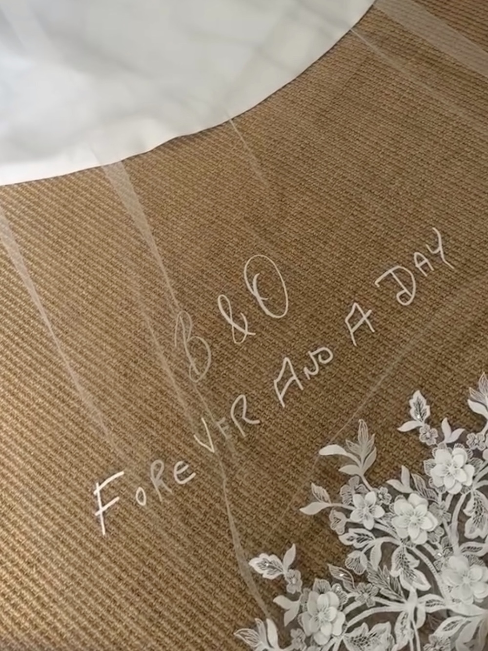 Veil embroidery with handwriting recreation closeup