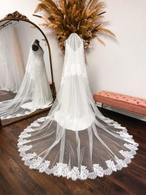 Clara – Chantilly Lace Drop Wedding Veil with Blusher