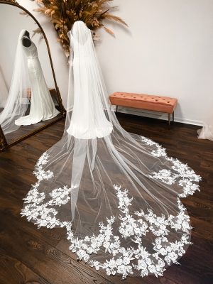 Elodie – One Layer Royal Length Lace Wedding Veil with Shaped Train alt