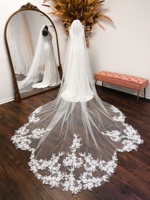 Elodie – One Layer Royal Length Lace Wedding Veil with Shaped Train alt