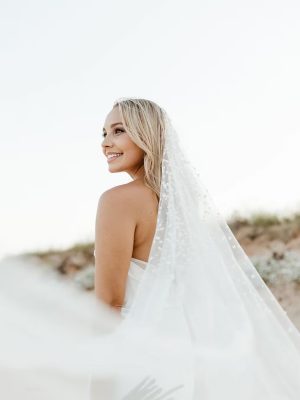 Violet barely there pearl veil in chapel length