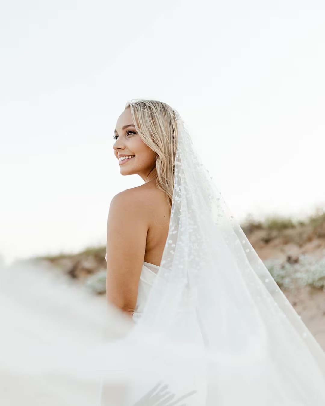 Violet barely there pearl veil in chapel length