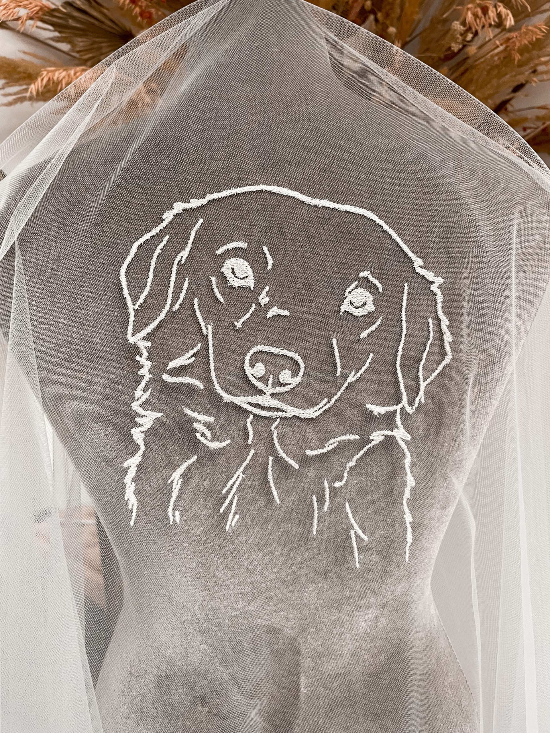 Pet Portrait Wedding Veil Embroidery Add-On 5 Pet Portrait Wedding Veil Embroidery on mannequin